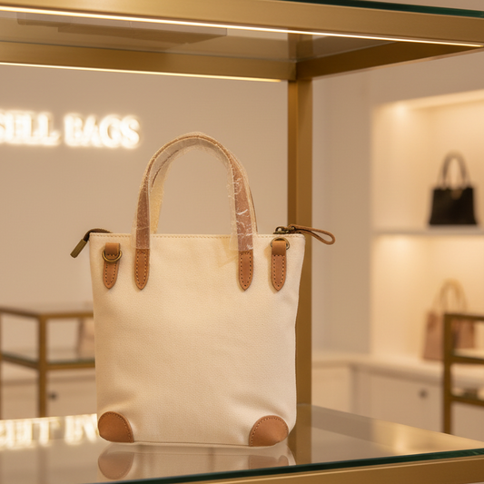 VIVACE MINI SLING BAG: WHITE CANVAS with Genuine LEATHER Trim DISPLAY