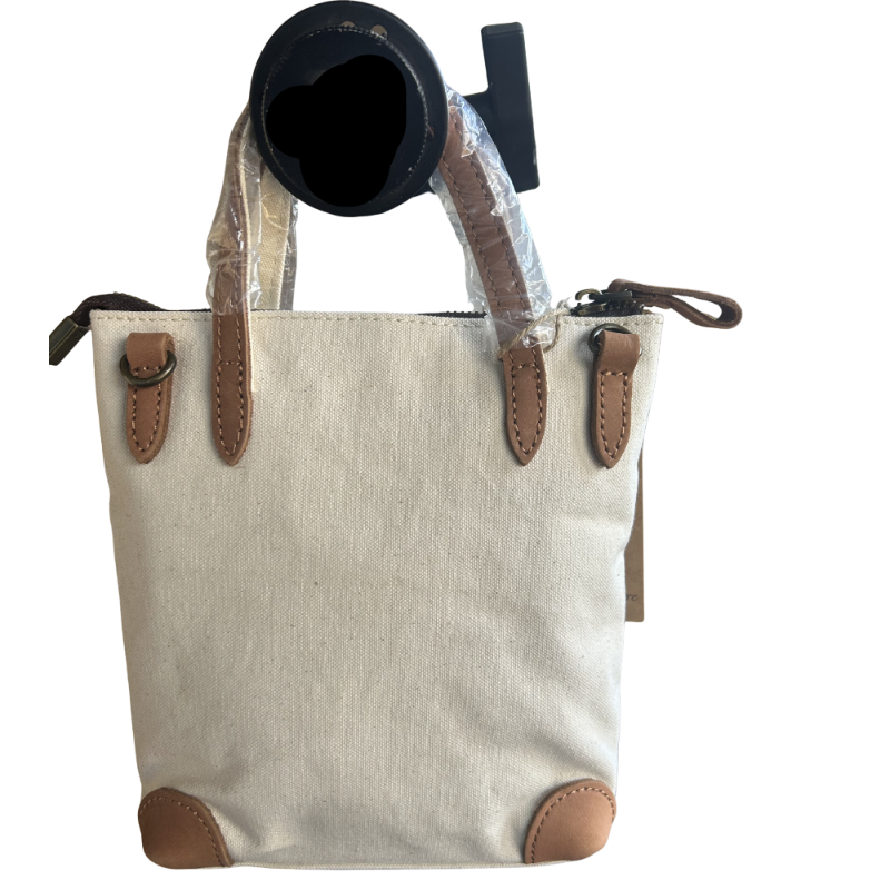 VIVACE MINI SLING BAG: WHITE CANVAS with Genuine LEATHER Trim FRONT