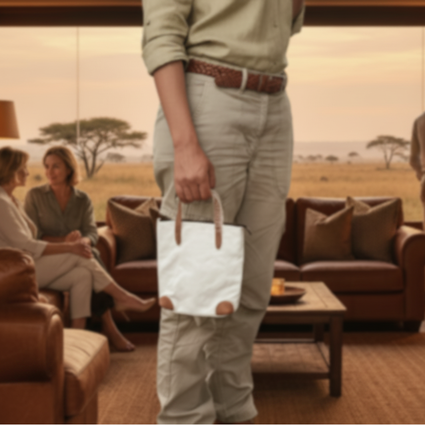 VIVACE MINI SLING BAG: WHITE CANVAS with Genuine LEATHER Trim LIFESTYLE