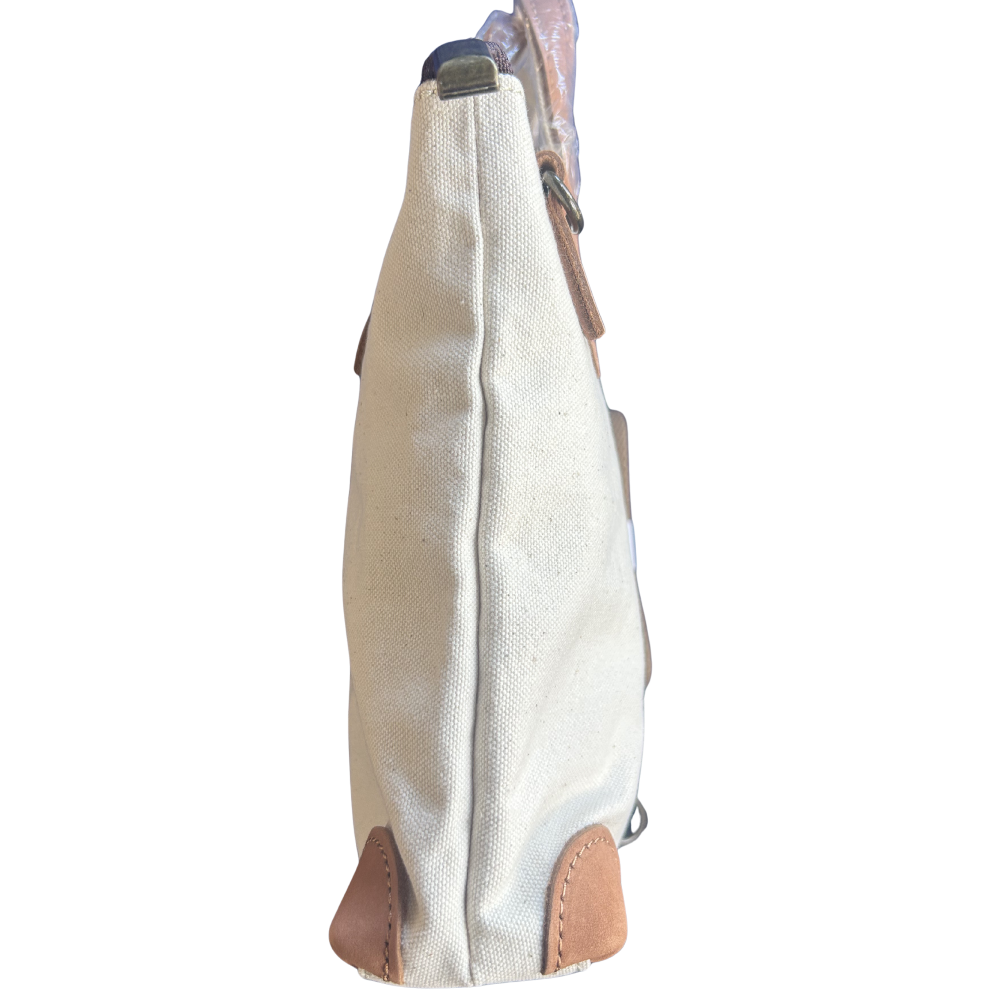 VIVACE MINI SLING BAG: WHITE CANVAS with Genuine LEATHER Trim SIDE