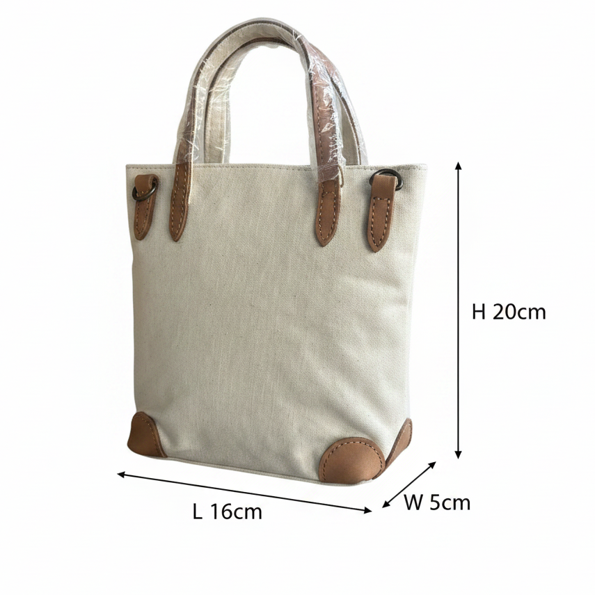 VIVACE MINI SLING BAG: WHITE CANVAS with Genuine LEATHER Trim SIZE
