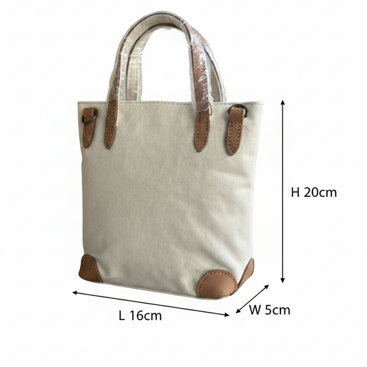 VIVACE MINI SLING BAG: WHITE CANVAS with Genuine LEATHER Trim SIZE