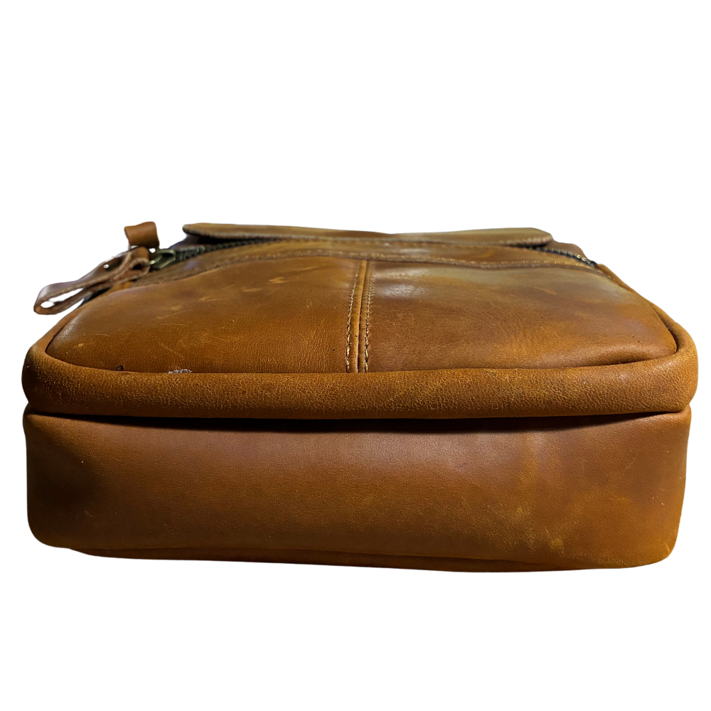 VIVACE SLING BAG: BROWN GENUINE Leather Messenger Bag BOTTOM VIEW