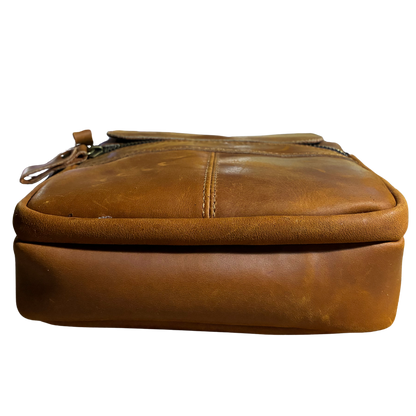 VIVACE SLING BAG: BROWN GENUINE Leather Messenger Bag BOTTOM VIEW