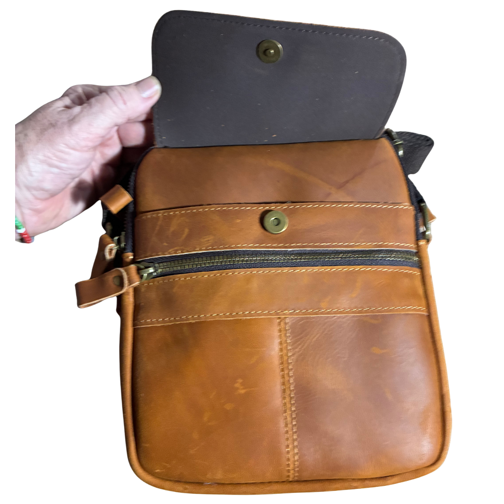 VIVACE SLING BAG: BROWN GENUINE Leather Messenger Bag FRONT FLAP OPEN VIEW