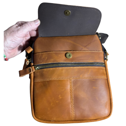 VIVACE SLING BAG: BROWN GENUINE Leather Messenger Bag FRONT FLAP OPEN VIEW