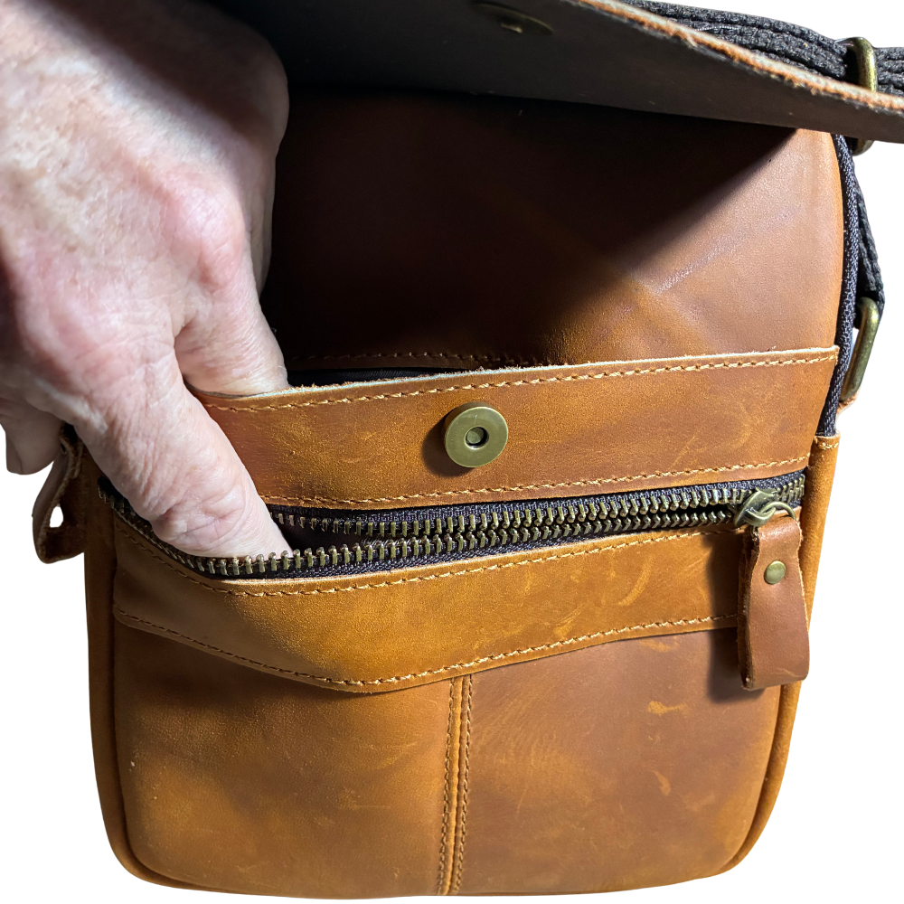 VIVACE SLING BAG: BROWN GENUINE Leather Messenger Bag FRONT POCKETS OPEN VIEW