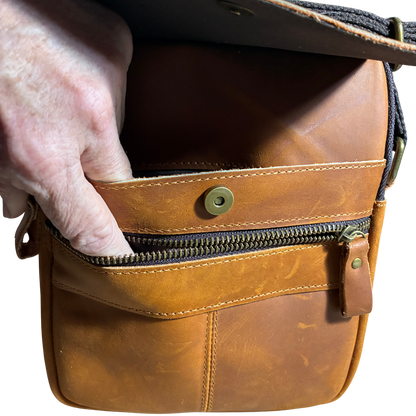 VIVACE SLING BAG: BROWN GENUINE Leather Messenger Bag FRONT POCKETS OPEN VIEW