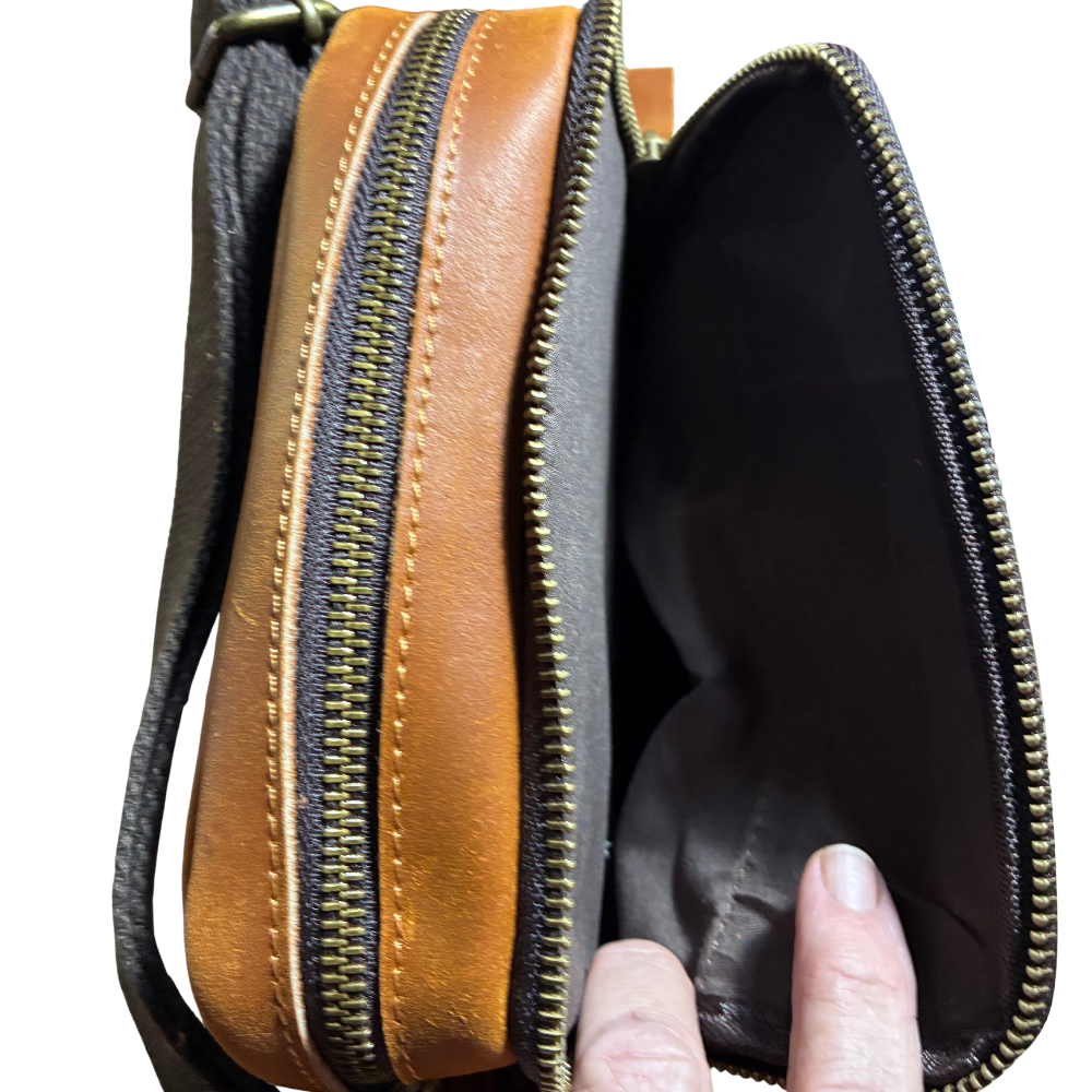 VIVACE SLING BAG: BROWN GENUINE Leather Messenger Bag FRONT POKET OPEN