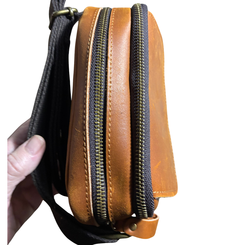 VIVACE SLING BAG: BROWN GENUINE Leather Messenger Bag FRONT TOP CLOSED ZIP VIEW