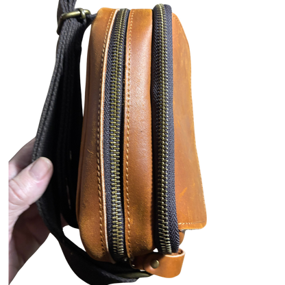 VIVACE SLING BAG: BROWN GENUINE Leather Messenger Bag FRONT TOP CLOSED ZIP VIEW