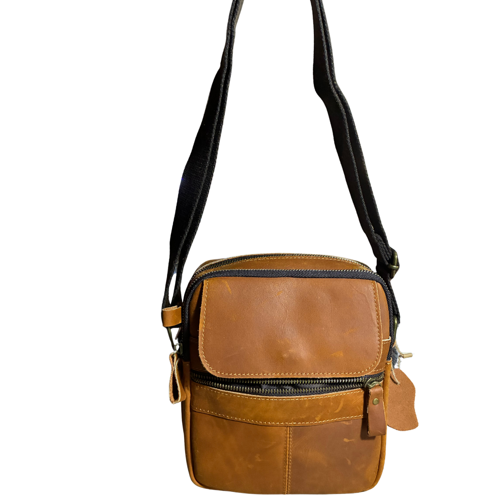 VIVACE SLING BAG: BROWN GENUINE Leather Messenger Bag HANGING
