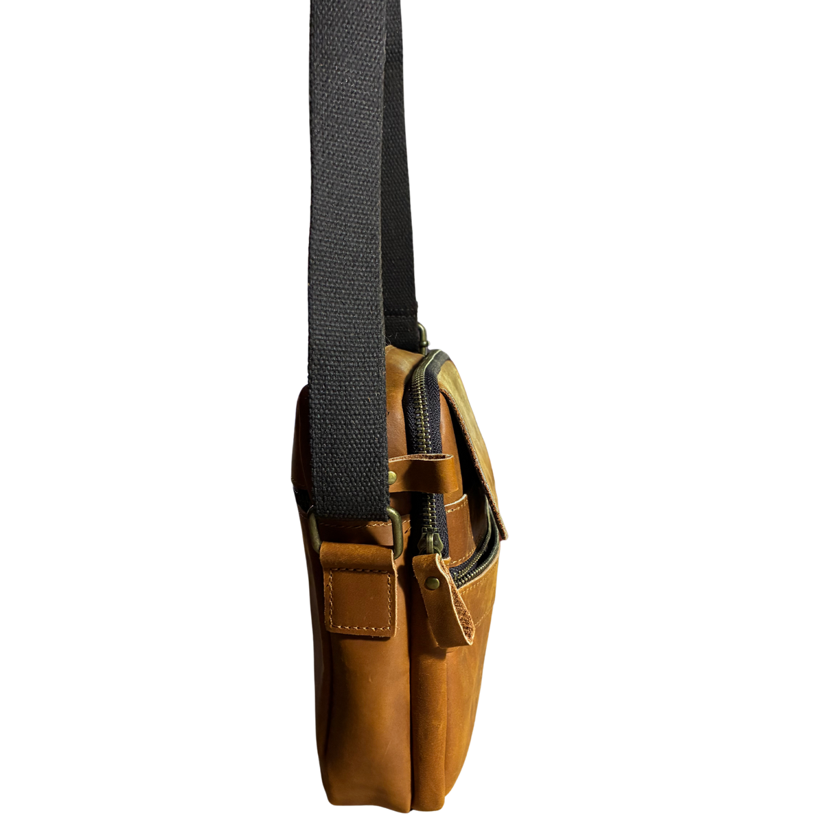 VIVACE SLING BAG: BROWN GENUINE Leather Messenger Bag SIDE HANGING VIEW