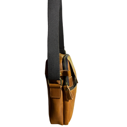 VIVACE SLING BAG: BROWN GENUINE Leather Messenger Bag SIDE HANGING VIEW