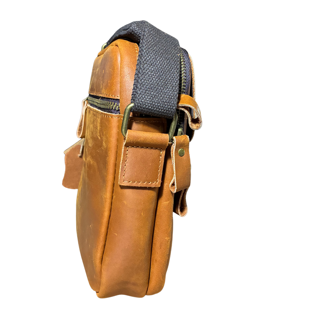 VIVACE SLING BAG: BROWN GENUINE Leather Messenger Bag SIDE VIEW