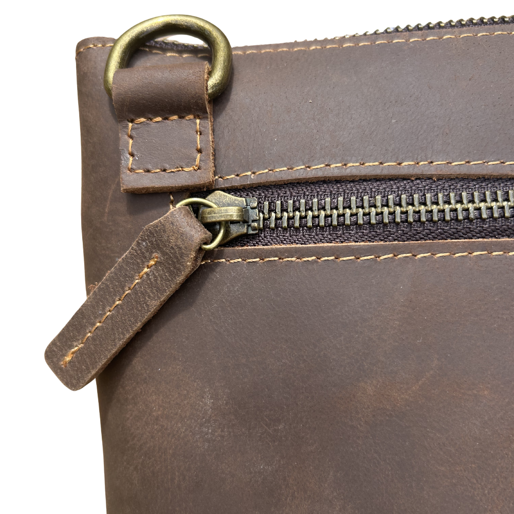 VIVACE SLING BAG: CHOCOLATE BROWN GENUINE LEATHER SMALL MESSENGER BAG DETAIL