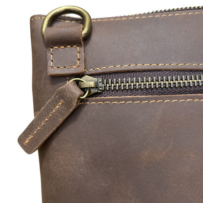VIVACE SLING BAG: CHOCOLATE BROWN GENUINE LEATHER SMALL MESSENGER BAG DETAIL