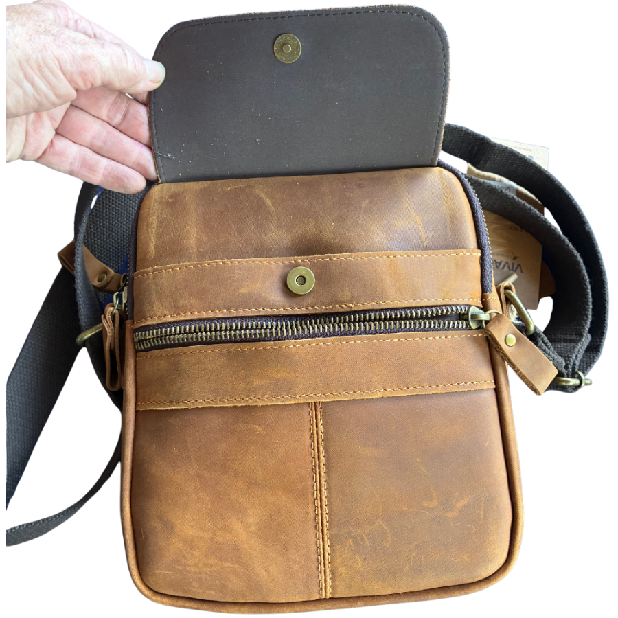 VIVACE SLING BAG: CHOCOLATE BROWN GENUINE Leather Messenger FRONT FLAP OPEN VIEW