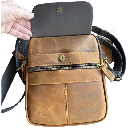VIVACE SLING BAG: CHOCOLATE BROWN GENUINE Leather Messenger FRONT FLAP OPEN VIEW