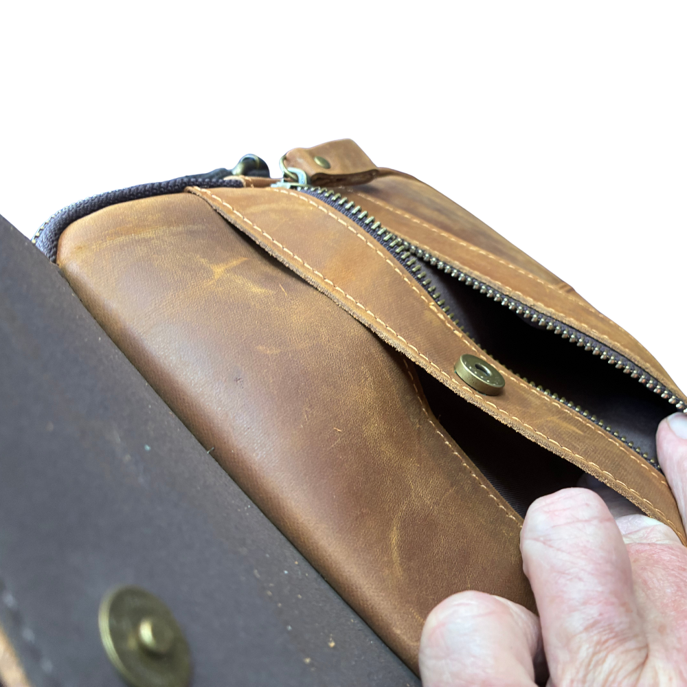 VIVACE SLING BAG: CHOCOLATE BROWN GENUINE Leather Messenger FRONT POCKETS OPEN VIEW