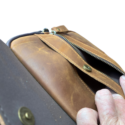 VIVACE SLING BAG: CHOCOLATE BROWN GENUINE Leather Messenger FRONT POCKETS OPEN VIEW