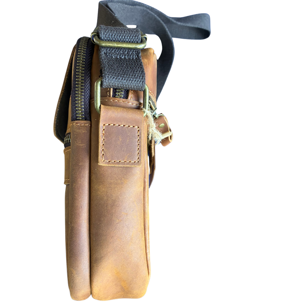 VIVACE SLING BAG: CHOCOLATE BROWN GENUINE Leather Messenger SIDE VIEW