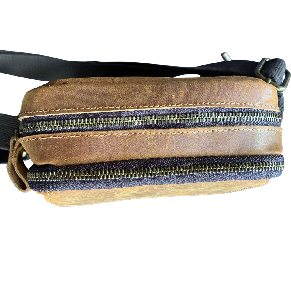 VIVACE SLING BAG: CHOCOLATE BROWN GENUINE Leather Messenger TOP CLOSED VIEW