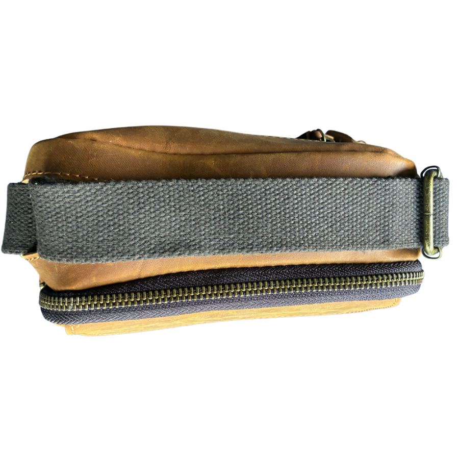 VIVACE SLING BAG: CHOCOLATE BROWN GENUINE Leather Messenger TOP VIEW WITH CANVAS STRAP FOLDED ON TOP