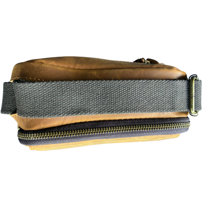 VIVACE SLING BAG: CHOCOLATE BROWN GENUINE Leather Messenger TOP VIEW WITH CANVAS STRAP FOLDED ON TOP