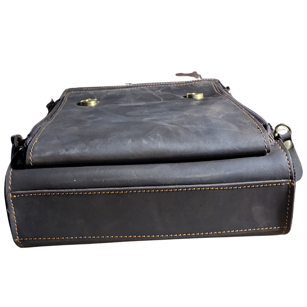 VIVACE SLING BAG: COFFEE BROWN Prestige Genuine Leather Messenger Bag BOTTOM VIEW