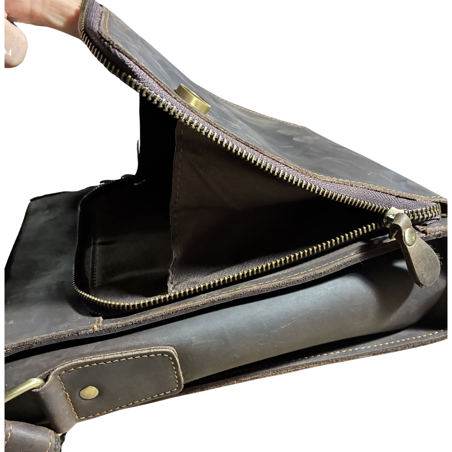 VIVACE SLING BAG: COFFEE BROWN Prestige Genuine Leather Messenger Bag FRONT POCKET OPEN SIDE VIEW