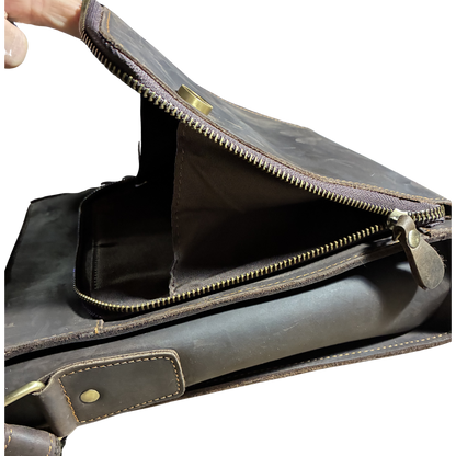 VIVACE SLING BAG: COFFEE BROWN Prestige Genuine Leather Messenger Bag FRONT POCKET OPEN SIDE VIEW