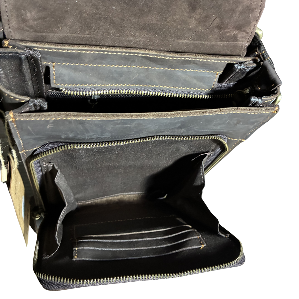 VIVACE SLING BAG: COFFEE BROWN Prestige Genuine Leather Messenger Bag OPEN VIEW