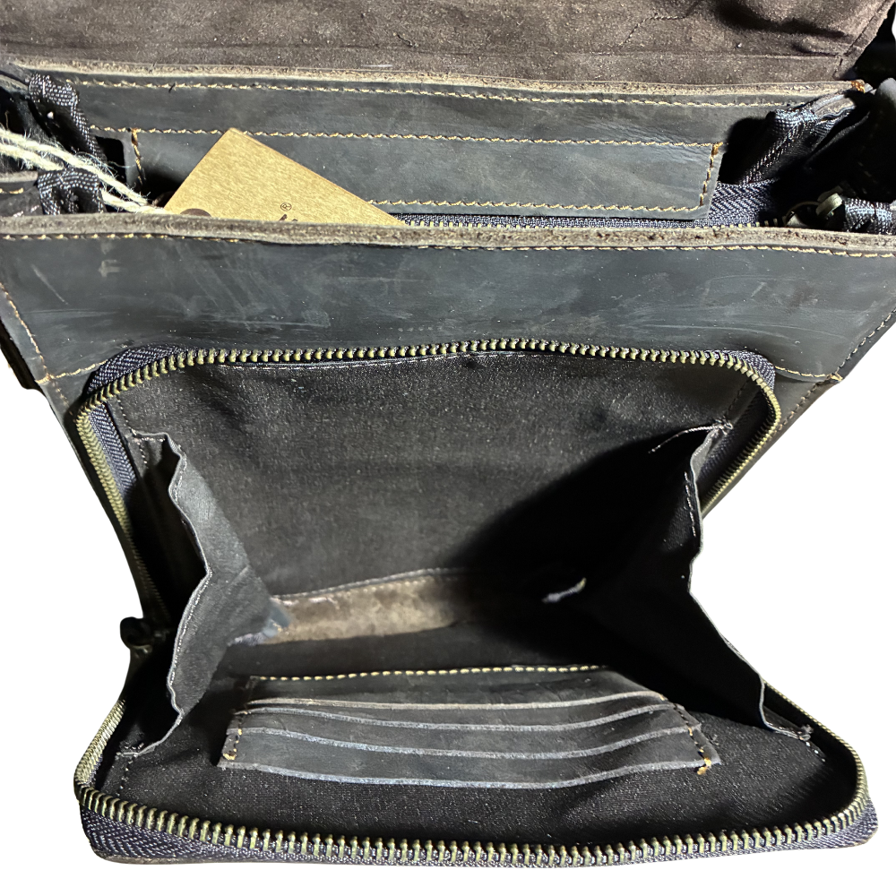 VIVACE SLING BAG: COFFEE BROWN Prestige Genuine Leather Messenger Bag TOP OPEN VIEW FLAP UP