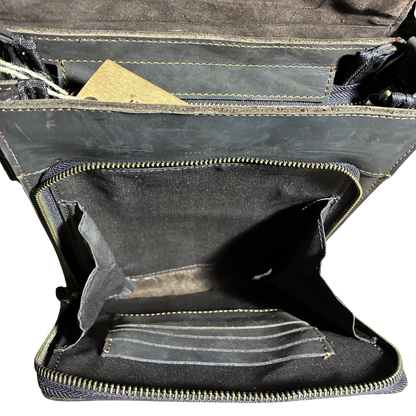 VIVACE SLING BAG: COFFEE BROWN Prestige Genuine Leather Messenger Bag TOP OPEN VIEW FLAP UP