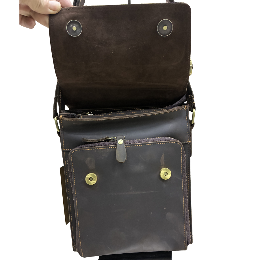 VIVACE SLING BAG: COFFEE BROWN Prestige Genuine Leather Messenger Bag flap open front view