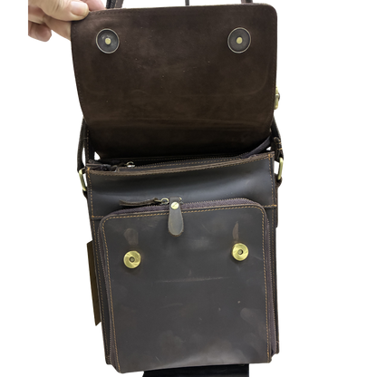 VIVACE SLING BAG: COFFEE BROWN Prestige Genuine Leather Messenger Bag flap open front view