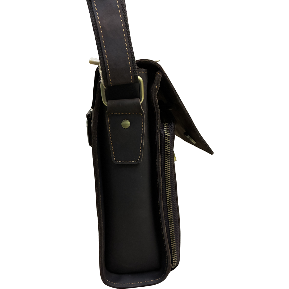 VIVACE SLING BAG: COFFEE BROWN Prestige Genuine Leather Messenger Bag flap side view
