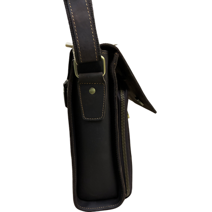 VIVACE SLING BAG: COFFEE BROWN Prestige Genuine Leather Messenger Bag flap side view