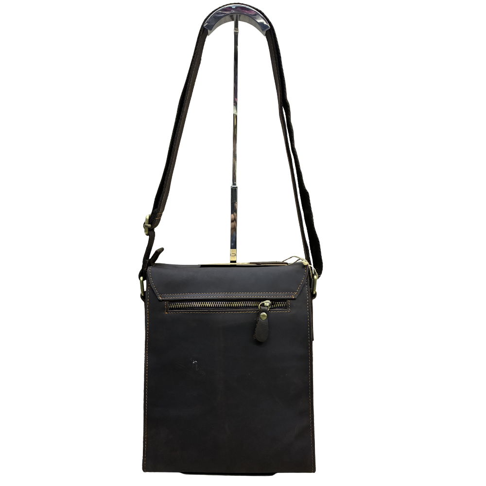 VIVACE SLING BAG: COFFEE BROWN Prestige Genuine Leather Messenger Bag hanging back view