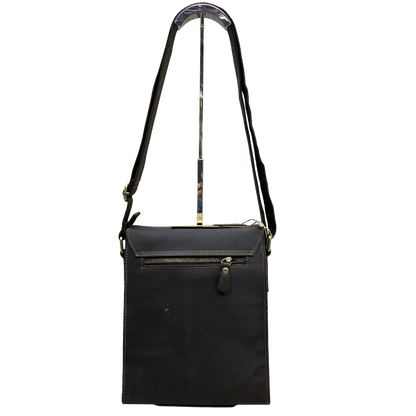 VIVACE SLING BAG: COFFEE BROWN Prestige Genuine Leather Messenger Bag hanging back view