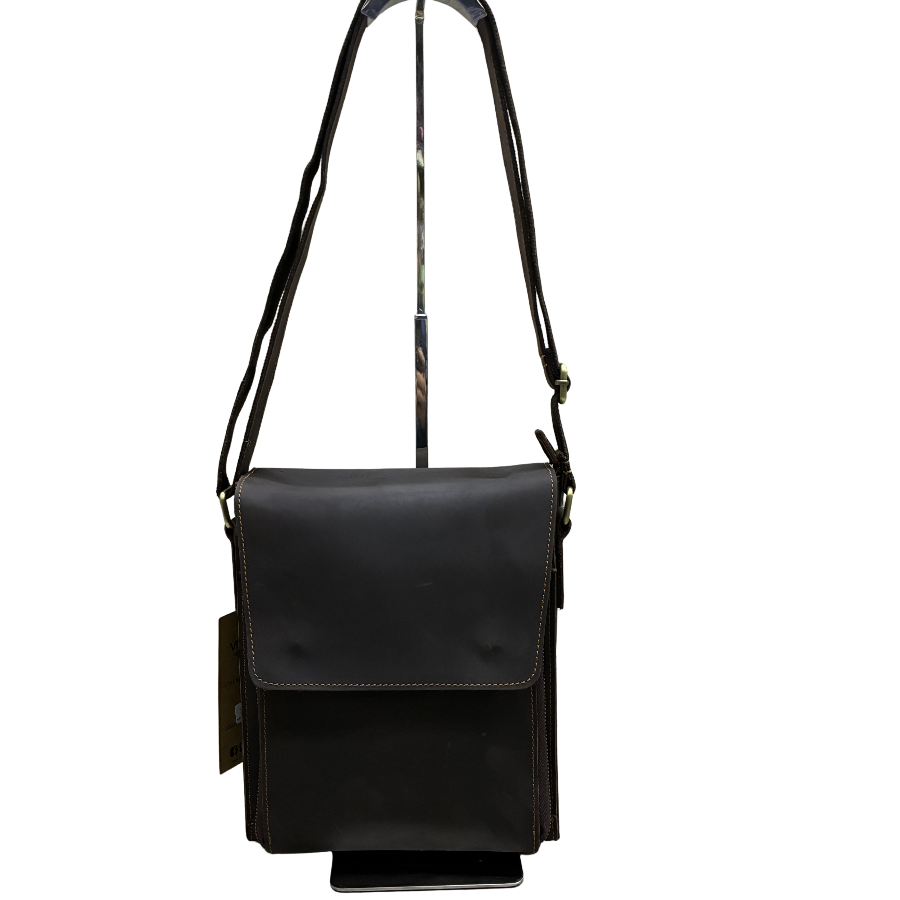 VIVACE SLING BAG: COFFEE BROWN Prestige Genuine Leather Messenger Bag hanging front view
