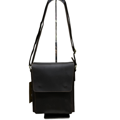 VIVACE SLING BAG: COFFEE BROWN Prestige Genuine Leather Messenger Bag hanging front view