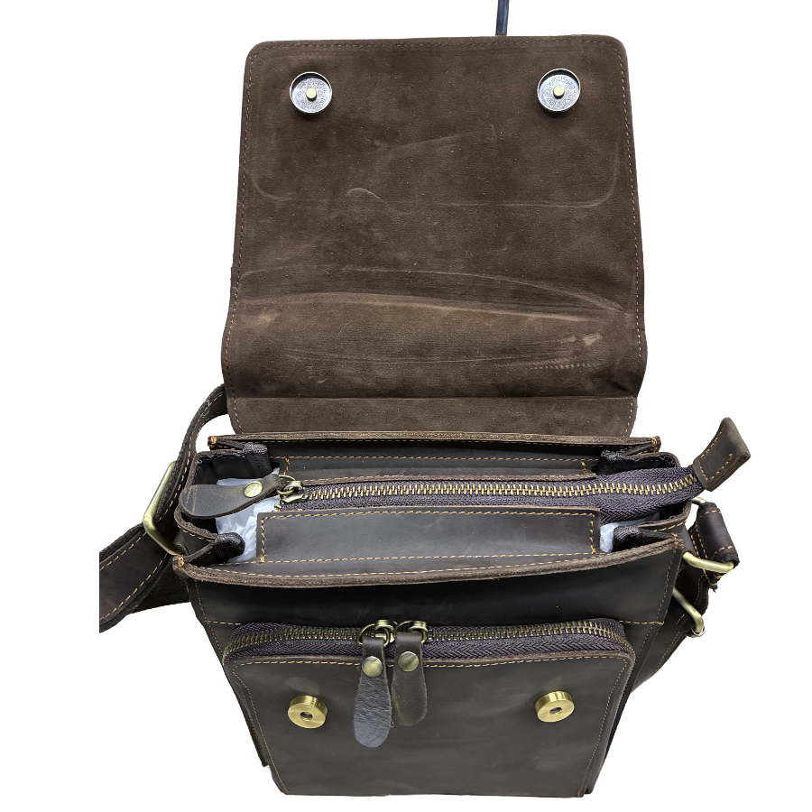 VIVACE SLING BAG: COFFEE BROWN Prestige Genuine Leather Messenger Bag open top view