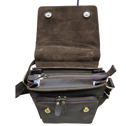 VIVACE SLING BAG: COFFEE BROWN Prestige Genuine Leather Messenger Bag open top view