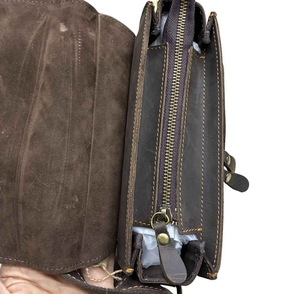 VIVACE SLING BAG: COFFEE BROWN Prestige Genuine Leather Messenger Bag open top zip view