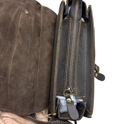 VIVACE SLING BAG: COFFEE BROWN Prestige Genuine Leather Messenger Bag open top zip view