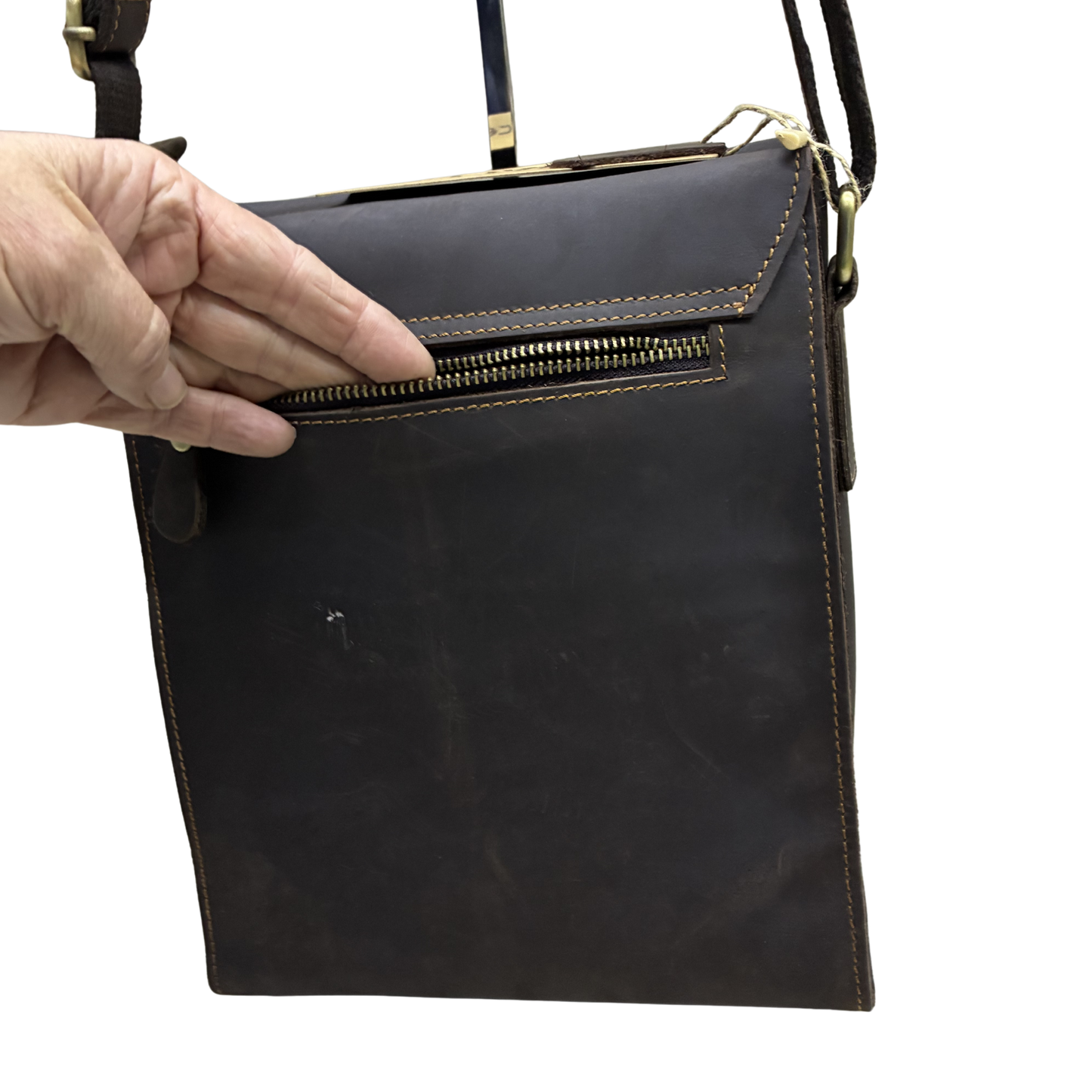 VIVACE SLING BAG: COFFEE BROWN Prestige Genuine Leather Messenger Bag zip pocket open back view