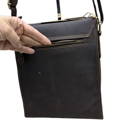 VIVACE SLING BAG: COFFEE BROWN Prestige Genuine Leather Messenger Bag zip pocket open back view
