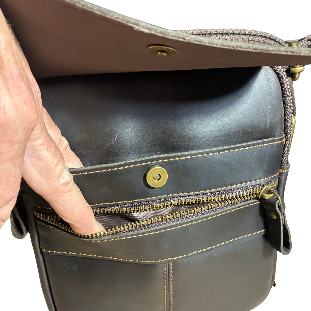 VIVACE SLING BAG: DARK COFFEE BROWN GENUINE Leather Messenger Bag FRONT POCKETS